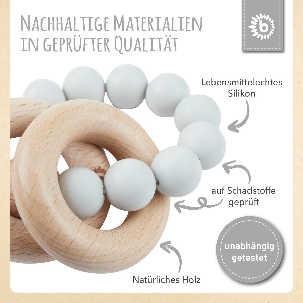 bieco Beißer mit Silikonkette silber