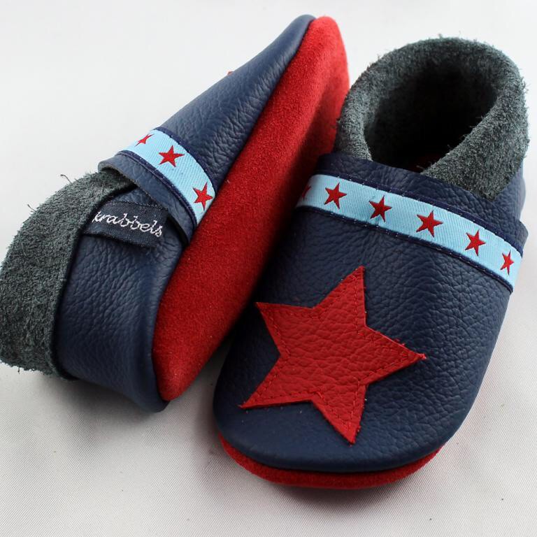 Krabbelschuhe aus Leder blau / roter Stern 22 Krabbelschuhe aus Leder blau / roter Stern 22