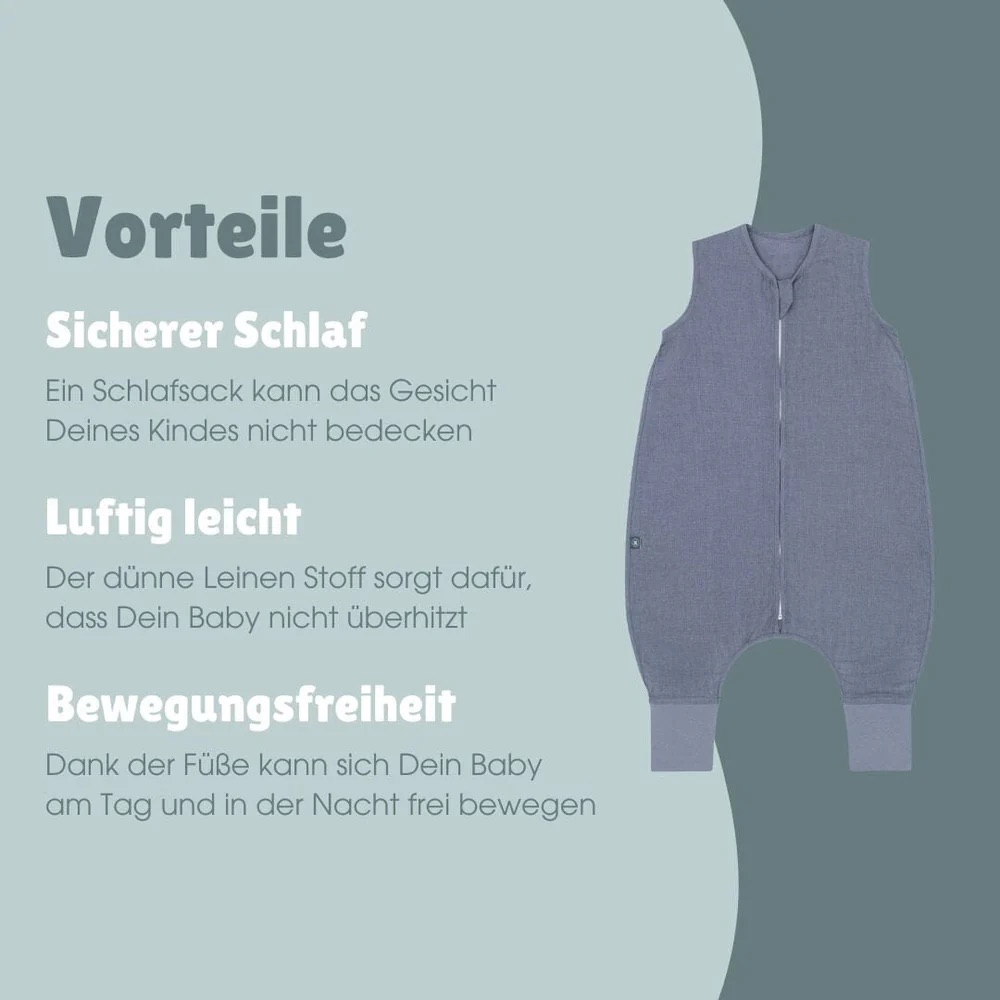 Emma & Noah Leinen Schlafsack mit Füßen 0.5 TOG 80cm Essential Blau Emma & Noah Leinen Schlafsack mit Füßen 0.5 TOG 90cm Essential Blau
