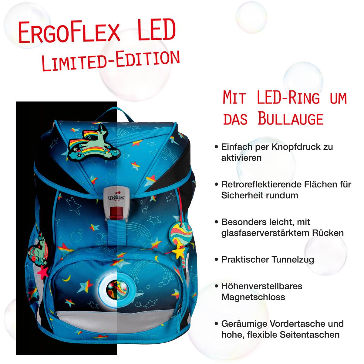 Der Die Das Schulranzen-Set Ergoflex 2025 5 tlg. LED Rainbow Star