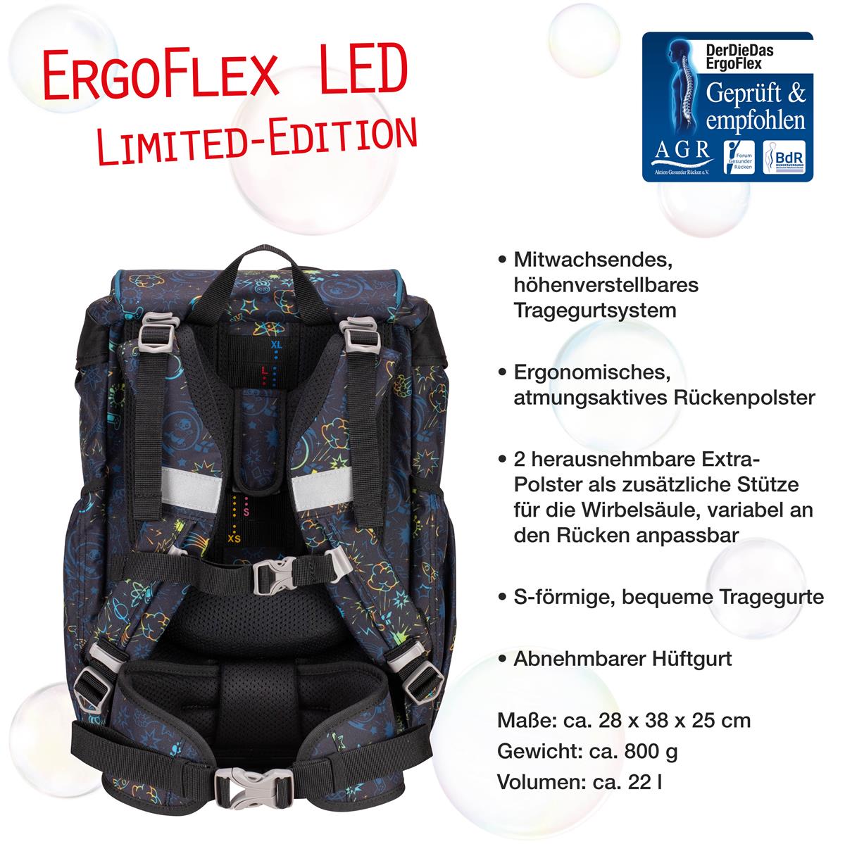 Der Die Das Schulranzen-Set Ergoflex 2025 5 tlg. LED Crazy