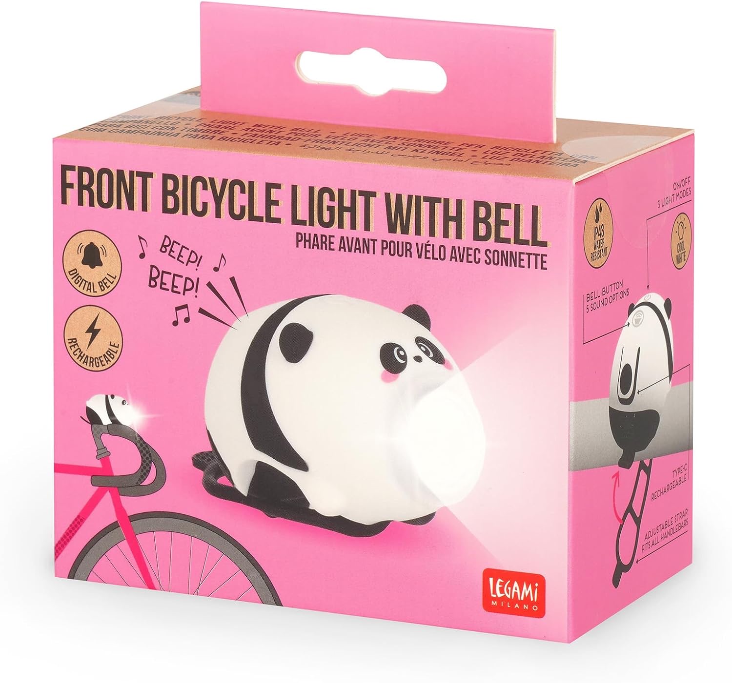 Legami Wiederaufladbare Frontleuchte mit 3 Lichtmodi und 5 Klingeltönen Panda