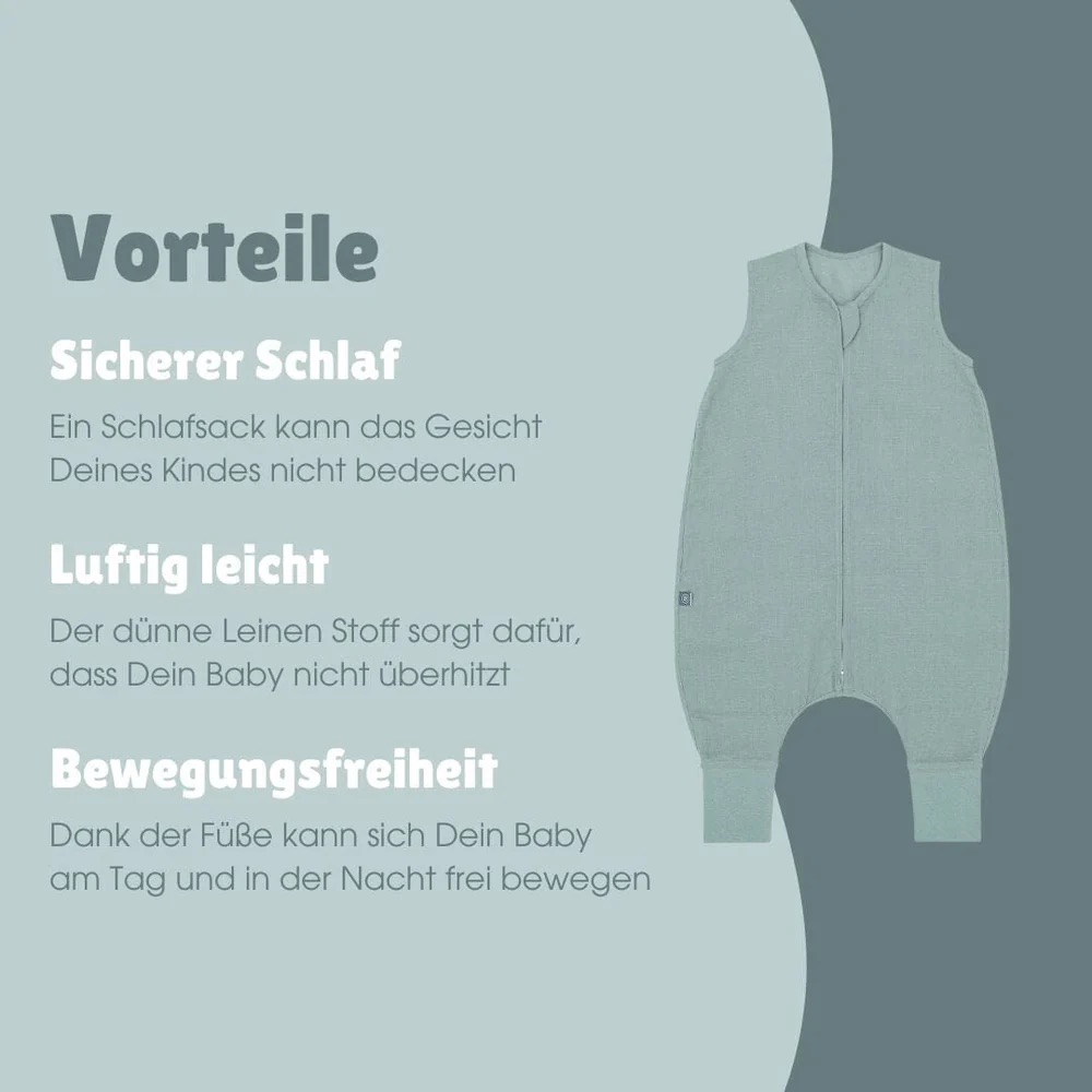 Emma & Noah Leinen Schlafsack mit Füßen 0.5 TOG 80cm Essential Mint Emma & Noah Leinen Schlafsack mit Füßen 0.5 TOG 90cm Essential Mint